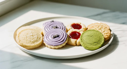 Five spring cookies on a white ceramic plate on marble — lemon shortbread, lavender sugar, strawberry thumbprint, matcha white chocolate, and honey chamomile butter