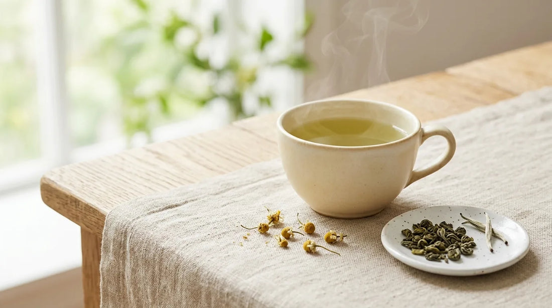 Warm cream stoneware cup of pale jade-green spring tea on a linen tablecloth beside rolled green tea leaves, white tea buds, and dried chamomile flowers in soft natural window light