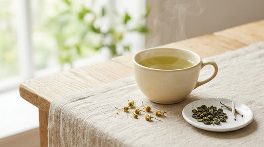 Warm cream stoneware cup of pale jade-green spring tea on a linen tablecloth beside rolled green tea leaves, white tea buds, and dried chamomile flowers in soft natural window light