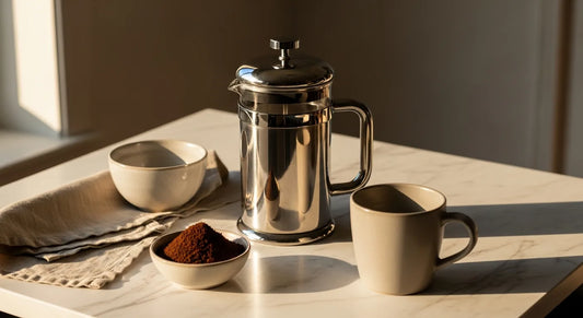Double-wall stainless steel French press on a marble countertop with a ceramic mug and coarse coffee grounds