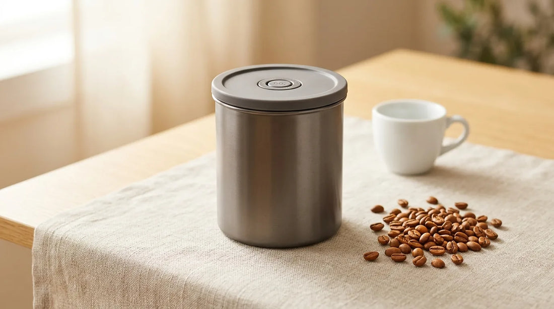 Matte stainless steel coffee storage canister with CO₂ valve on a linen tablecloth beside scattered whole roasted coffee beans