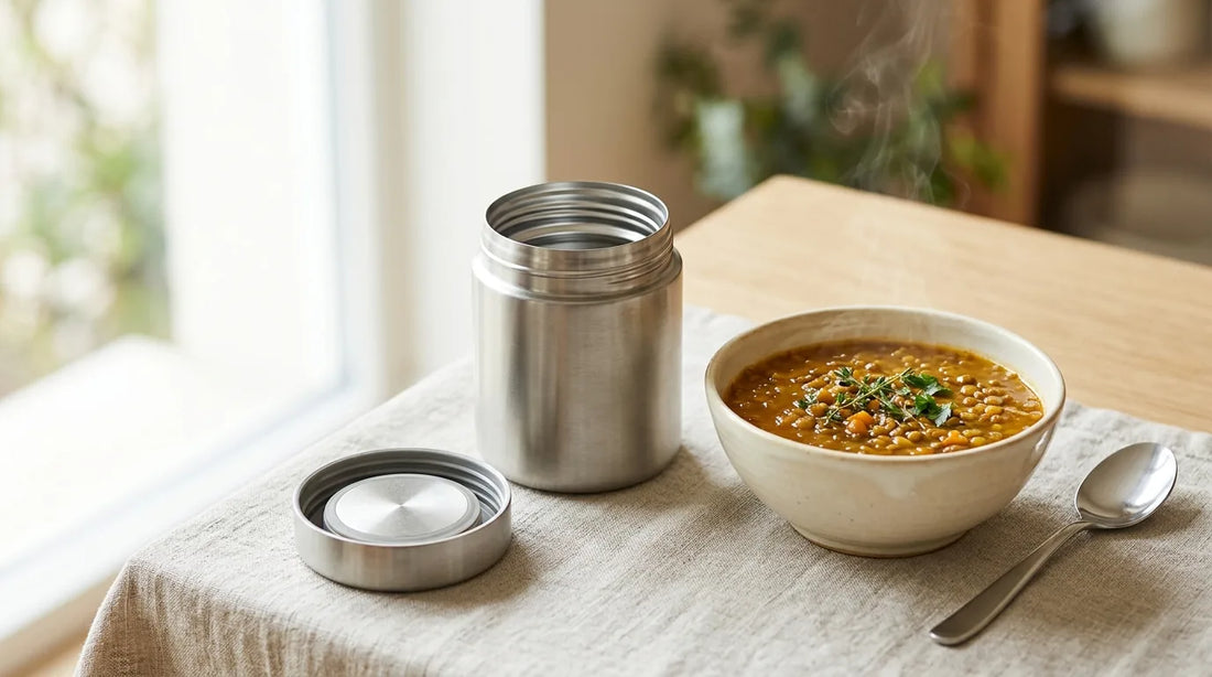 Open matte brushed stainless steel wide-mouth food jar beside a white ceramic bowl of lentil stew on a linen tablecloth