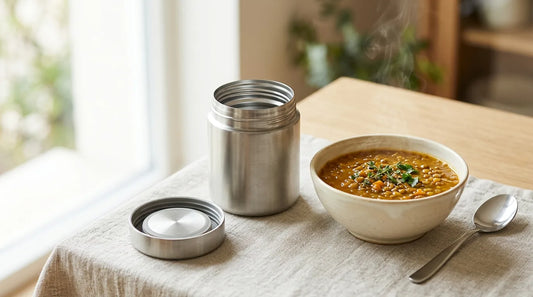 Open matte brushed stainless steel wide-mouth food jar beside a white ceramic bowl of lentil stew on a linen tablecloth