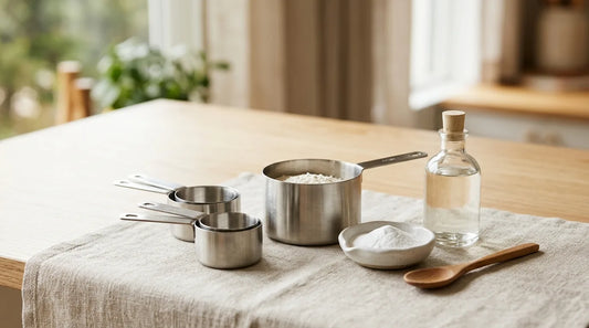 Stainless steel measuring cups beside a ceramic dish of baking soda on a linen-covered light wood table