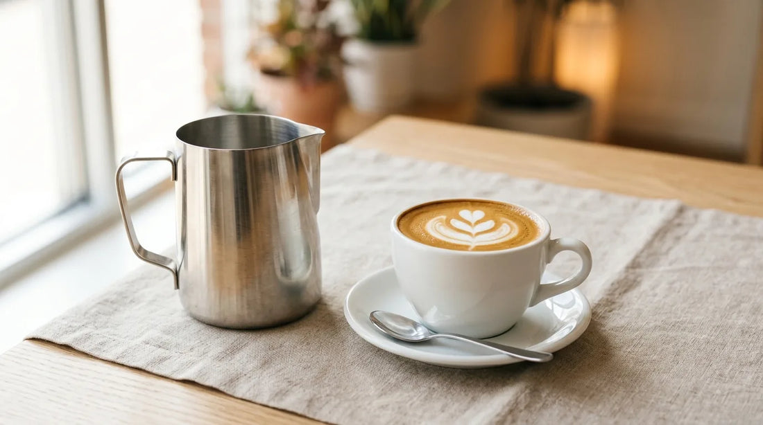 Stainless steel 12 oz milk frothing pitcher with sharp spout beside a white ceramic latte cup showing a tulip latte art pattern on a linen-covered light wood table