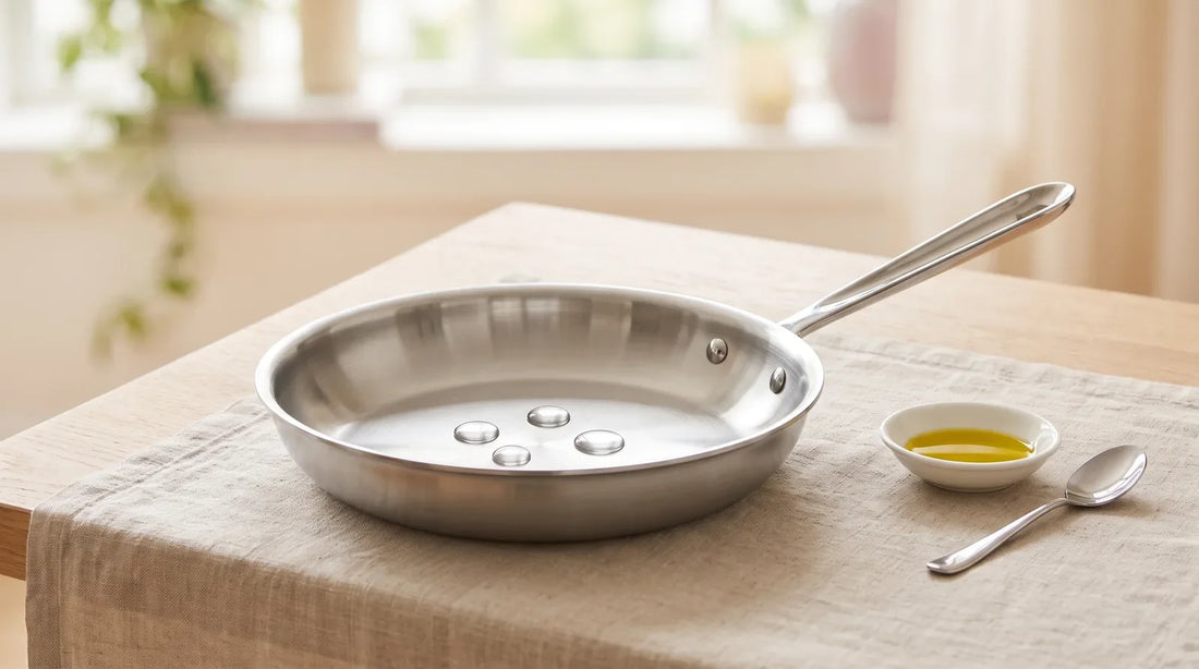 Stainless steel skillet on a linen-covered light wood table with spherical water beads demonstrating the Leidenfrost effect before adding oil