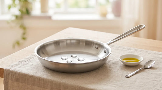 Stainless steel skillet on a linen-covered light wood table with spherical water beads demonstrating the Leidenfrost effect before adding oil