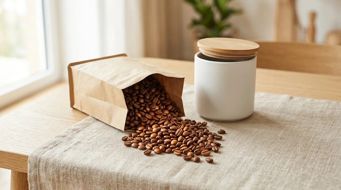 Whole roasted coffee beans spilling from an open kraft bag onto a linen tablecloth beside a white ceramic canister with wooden lid in natural window light