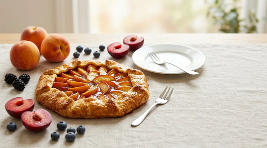 Stone fruit and berry baking guide: rustic peach galette with golden flaky crust surrounded by fresh peaches, plums, blueberries, and blackberries on linen