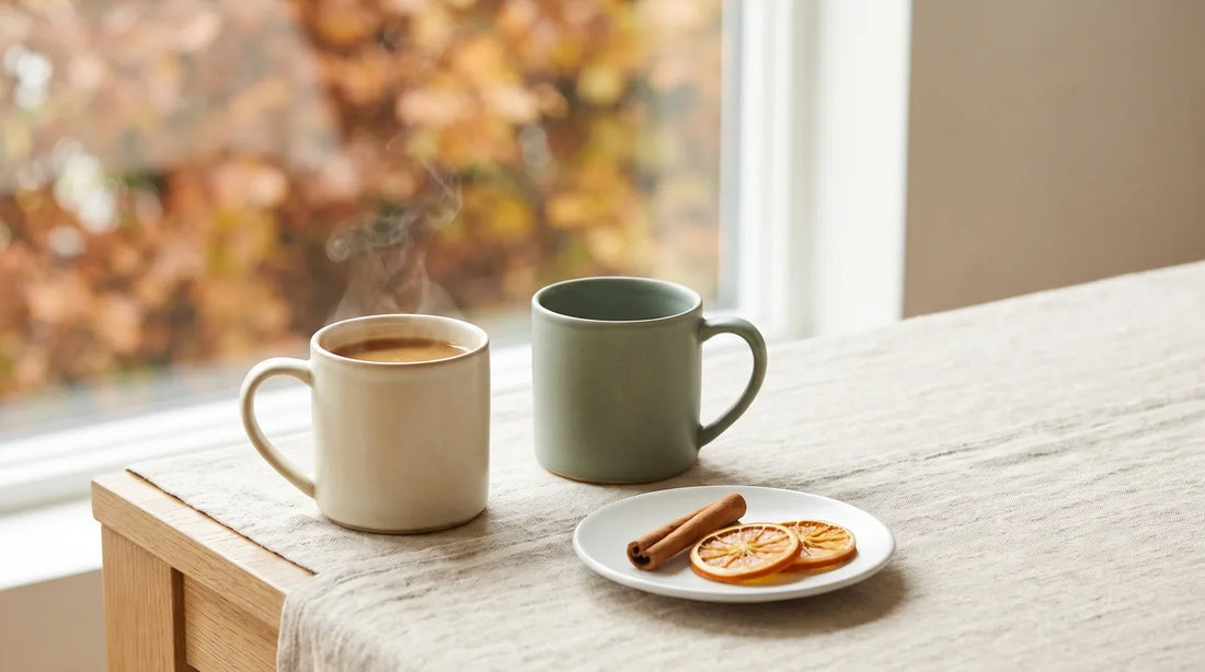 Two stoneware ceramic coffee mugs on a linen tablecloth — the best coffee mugs for cozy fall mornings at a home café counter