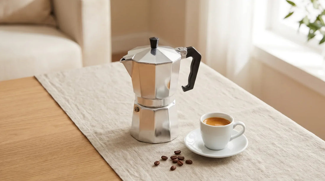 Octagonal aluminum stovetop moka pot beside a white ceramic espresso cup on a linen tablecloth over a light wood table