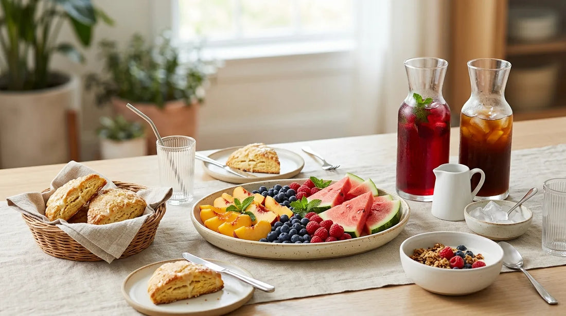 Summer brunch spread with fresh peaches and berries on a cream stoneware platter, ruby hibiscus tea and cold brew in glass carafes, and golden scones in a linen basket on a light wood table