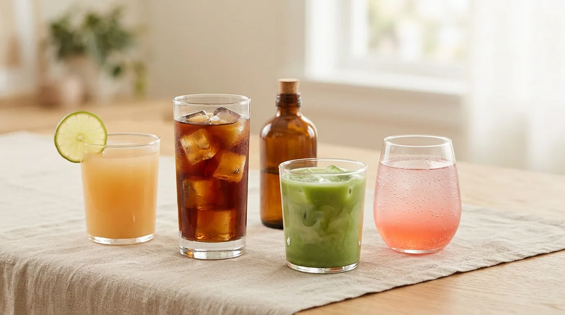 Four summer cold drinks — cold brew, iced matcha latte, sparkling hibiscus lemonade, and mango agua fresca — arranged on a linen-covered light wood table with a small amber syrup bottle