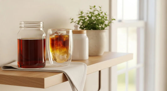 Summer home café shelf with cold brew jar and double-wall glass tumbler on light wood in bright natural light