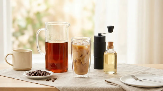 Summer home café shelf with a clear cold brew pitcher, tall iced coffee glass with oat milk, coffee beans, and simple syrup bottle on a light wood surface