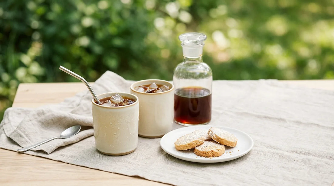 Pair of cream ceramic insulated tumblers filled with cold brew iced coffee beside a glass carafe and espresso shortbread on a linen outdoor picnic spread