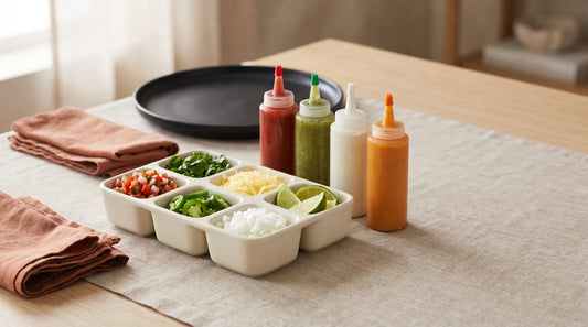 Taco night table setup with a six-section divided condiment station filled with colorful toppings, four squeeze bottles, and folded terracotta linen napkins on a light wood table