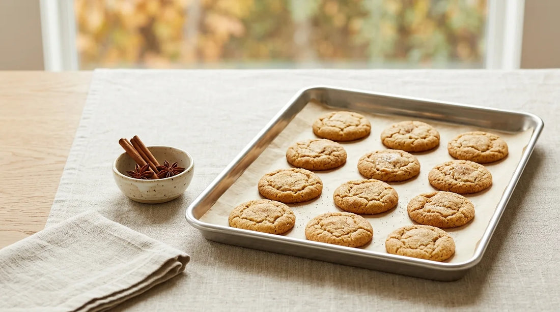 Tri-ply stainless baking sheet pan with golden-brown fall cookies on parchment paper, styled on a linen tablecloth with cinnamon sticks and soft autumn window light