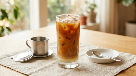 Vietnamese iced coffee in a tall clear glass with caramel-amber layers and ice, beside a stainless phin filter on a light wood table with linen