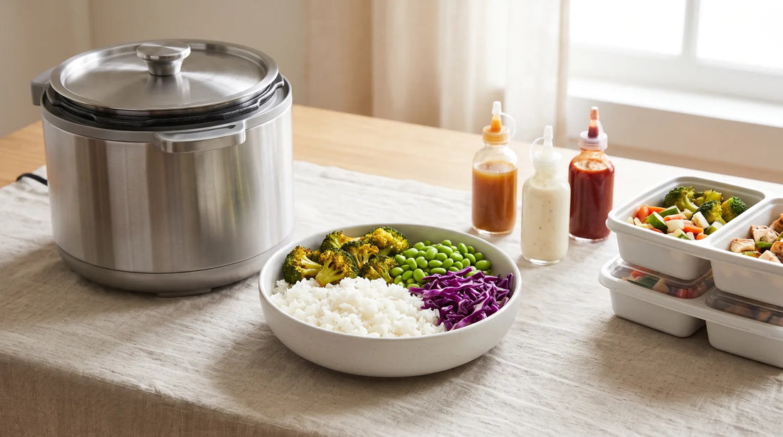 Weeknight rice bowl station with electric pressure cooker, divided meal-prep containers, and squeeze sauce bottles on a light wood table