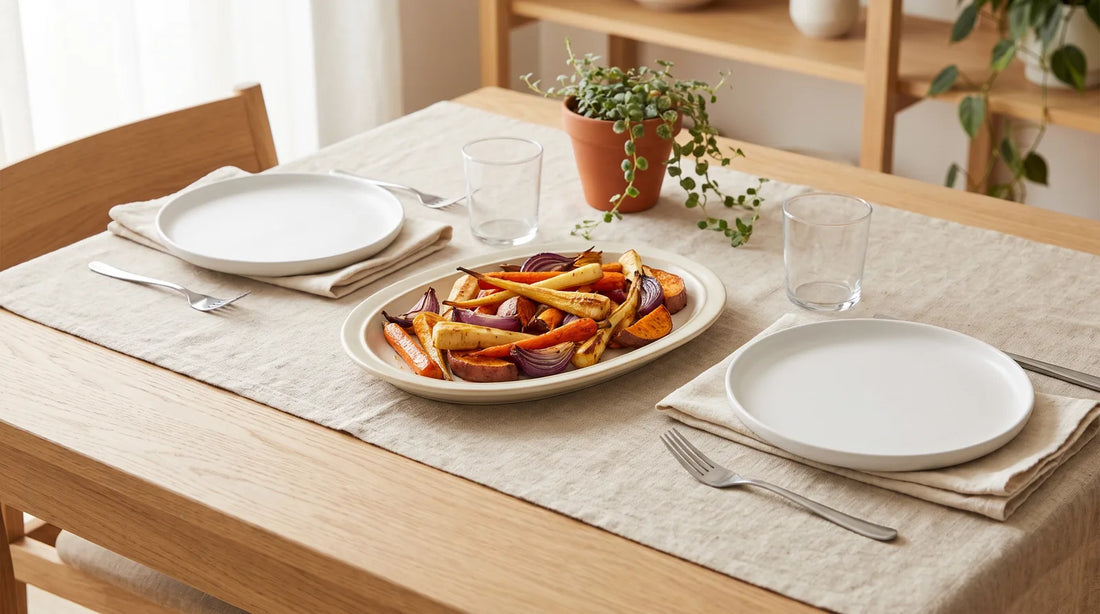 Weeknight table setting with a cream stoneware platter of roasted vegetables, rimmed white ceramic dinner plates on folded cotton dish cloth placemats, and a small plant centerpiece on a light wood table