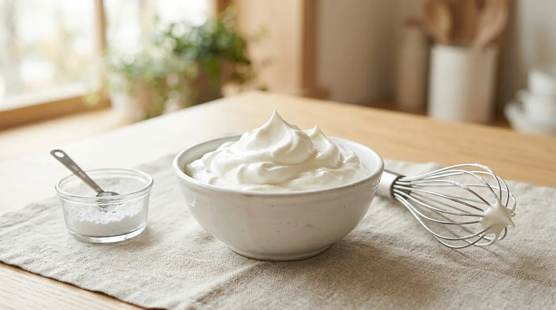 Stiff-peak whipped cream in a white ceramic bowl with a silver balloon whisk on a linen-covered light wood table