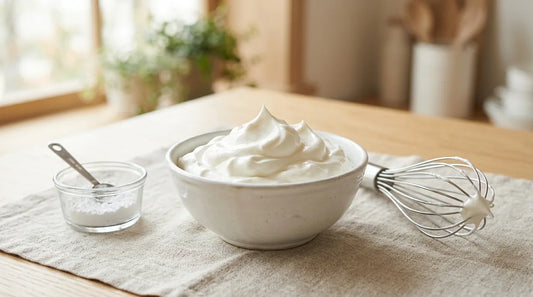Stiff-peak whipped cream in a white ceramic bowl with a silver balloon whisk on a linen-covered light wood table