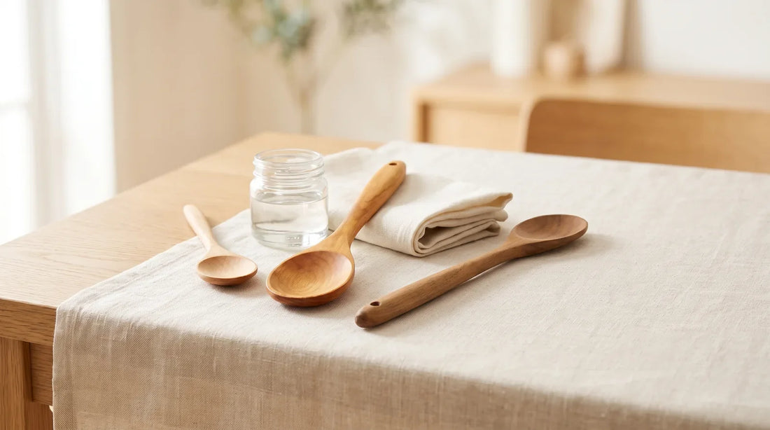 Three wooden cooking spoons on a linen tablecloth beside a small jar of food-grade mineral oil for monthly conditioning
