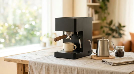 A tidy home café counter with a matte black espresso machine, cream stoneware cup, and brushed steel gooseneck kettle on a light wood table in soft morning light