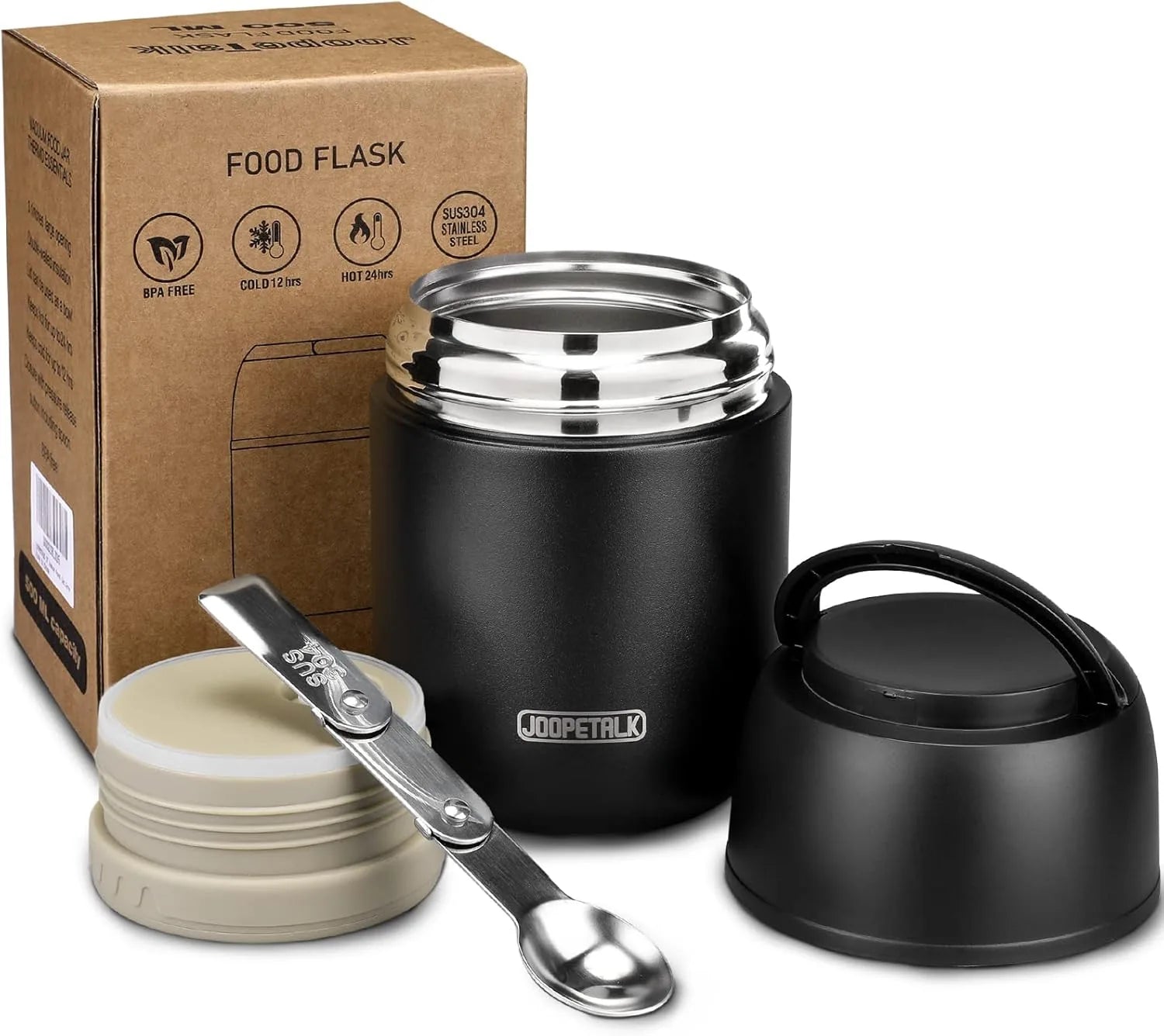 Black 17 oz vacuum insulated lunch container with handle and spoon