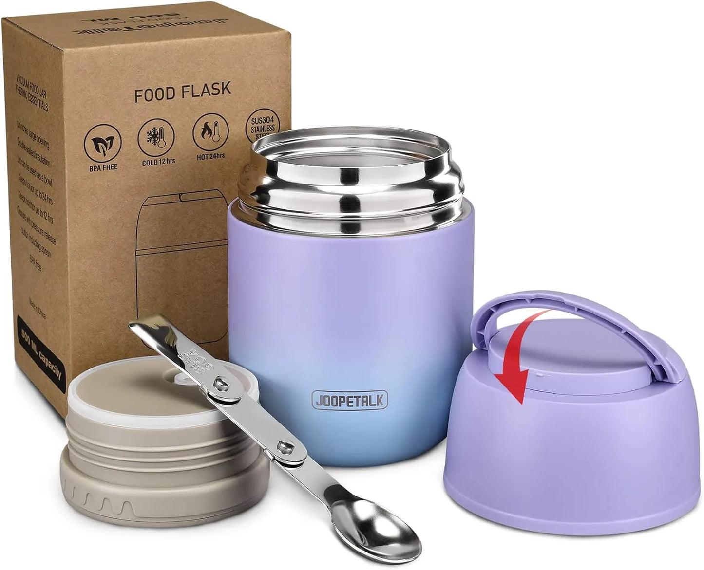 oz insulated lunch container with handle and folding spoon purple blue