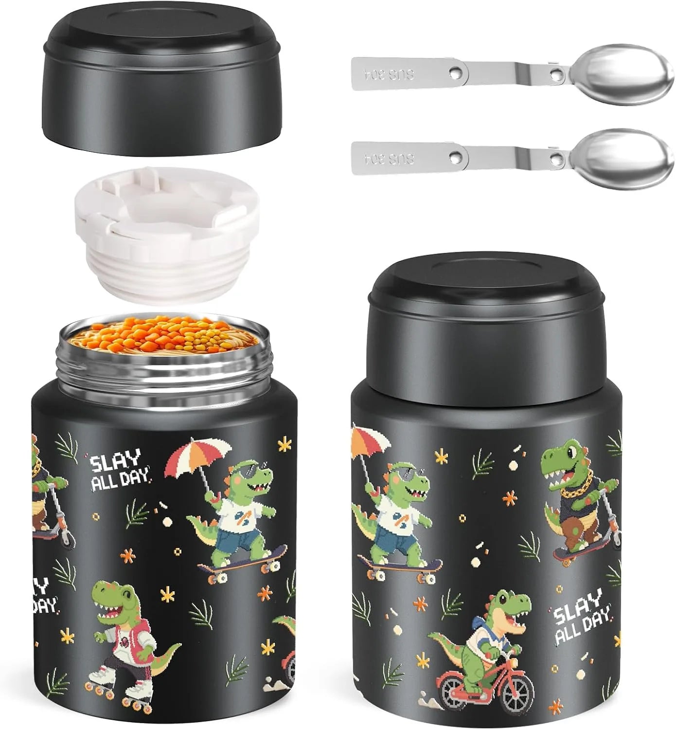 Stainless steel vacuum insulated food jar with spoon and carry bag black