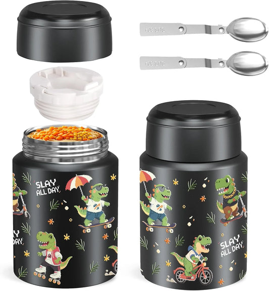 Stainless steel vacuum insulated food jar with spoon and carry bag black