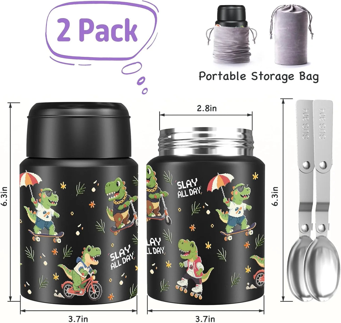 Two pack dinosaur design soup thermo jars for kids and adults