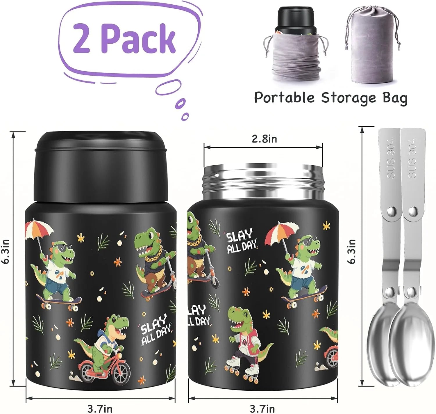 Two pack dinosaur design soup thermo jars for kids and adults