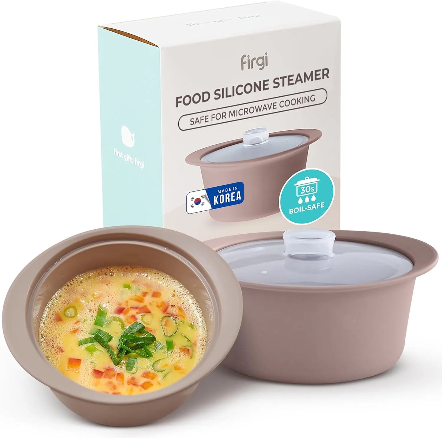 Platinum silicone microwave steamer pot with handle and taupe lid