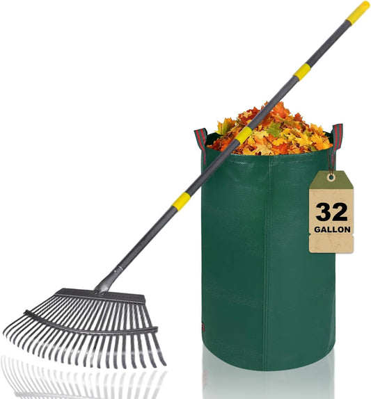 Metal tines rake with 25 prongs and adjustable 36-73 inch handle for leaves