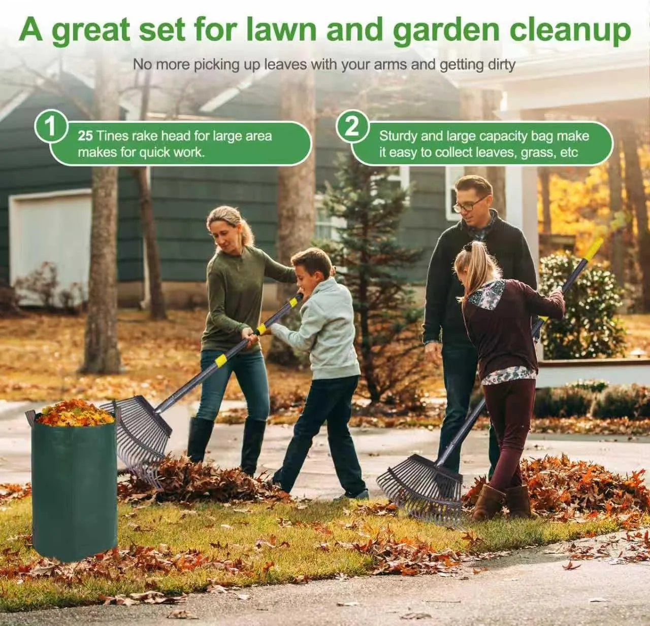 Heavy duty 18 inch wide garden rake set with 32 gallon reusable leaf bag