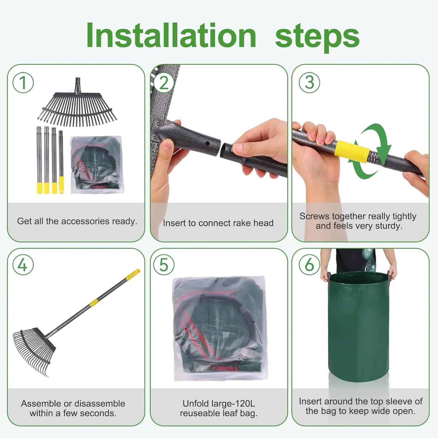 Adjustable leaf rake with metal tines and included storage bag for yard cleanup