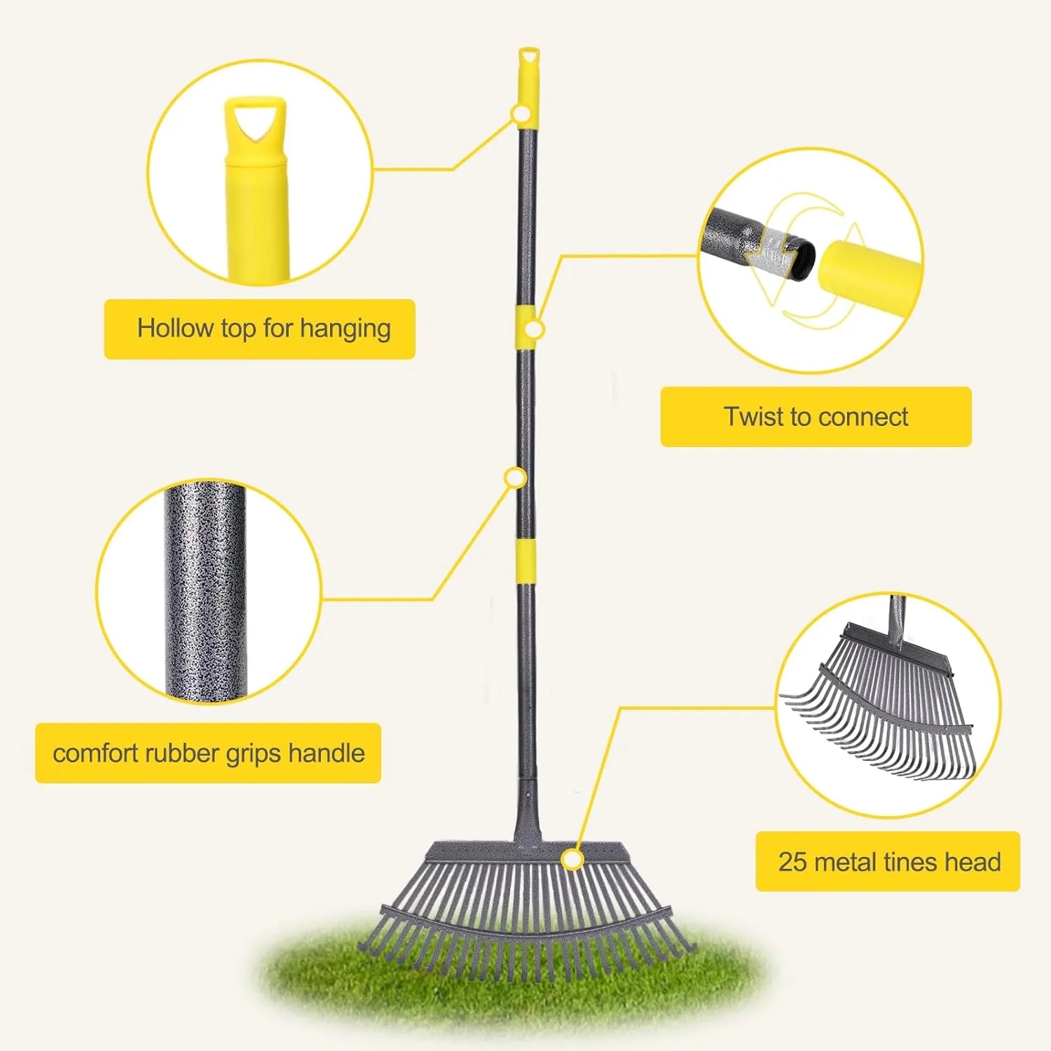 Adjustable garden rake with metal tines ideal for leaves grass and yard maintenance