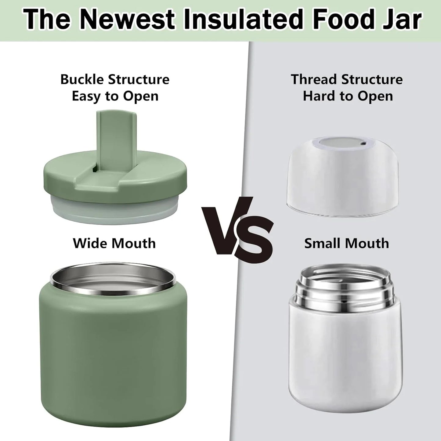 Kids insulated lunch jar, 26 ounces, green with secure buckle closure