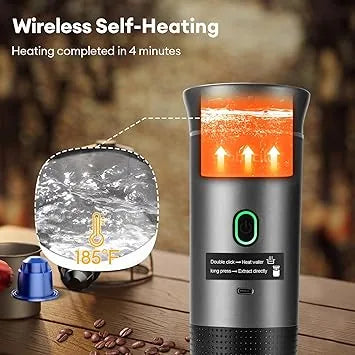 Self-heating travel coffee maker with USB charging for on-the-go brewing