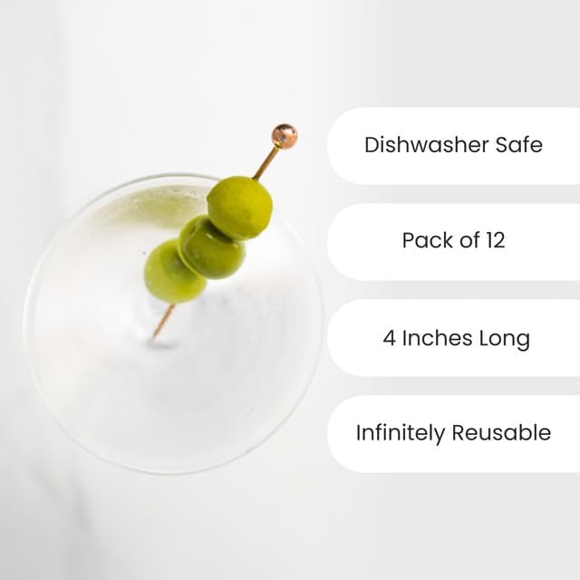 A Bar Above Cocktail Picks, 12 Short 4 Inch Stainless Steel Picks, Gold | Reusable Garnish Sticks, For Martinis and Appetizers, Olives and Shrimp, Bar Accessory, Party Serving Skewers, Bar Cart Piece