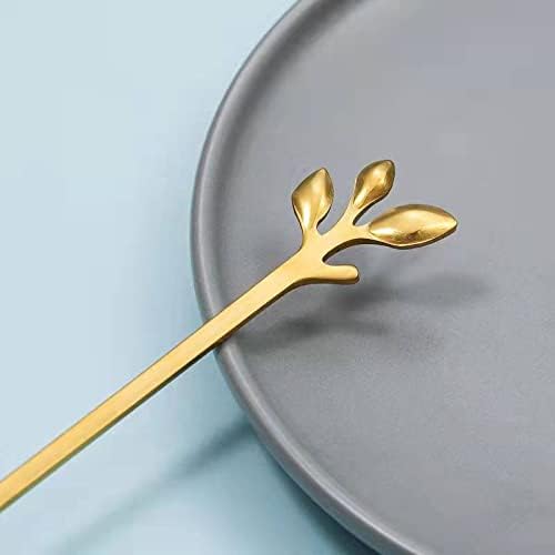 6-Pack Gold Leaf Long Handle Spoons, 7.4" Stainless Steel Cocktail Stirrers &amp; Iced Tea Spoons, Elegant Dessert Stirring Set for Deep Glasses, Home Baristas &amp; Parties