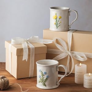 2 Pack Floral Ceramic Coffee Mugs - Yellow and Blue Flowers, Hand-Painted, Microwave &amp; Dishwasher Safe, Ideal for Cappuccino, Tea, Hot Chocolate