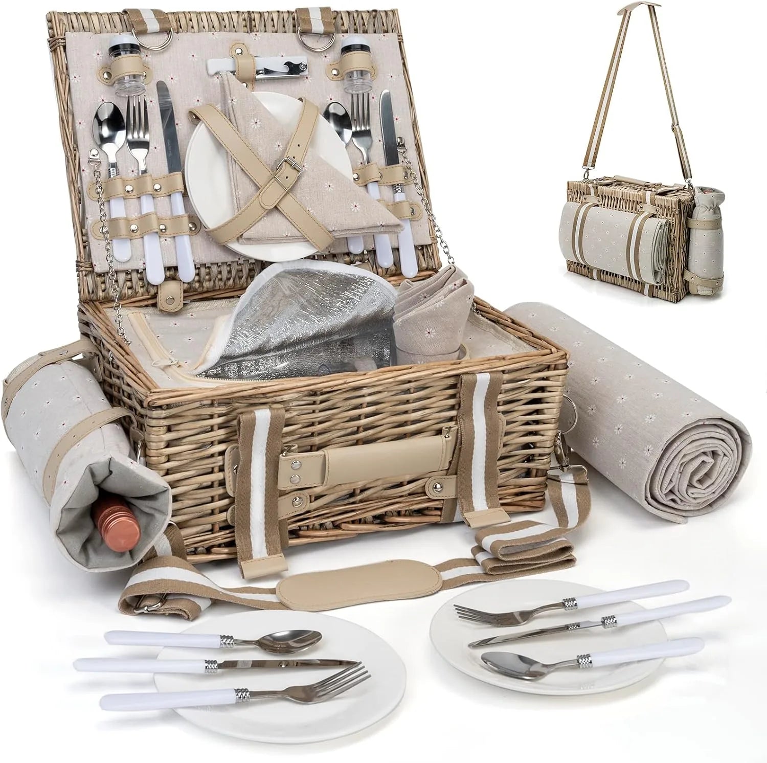 Wicker picnic basket set for 4 with insulated liner displayed