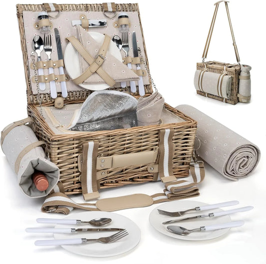 Wicker picnic basket set for 4 with insulated liner displayed