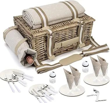Picnic basket for camping showing size and 31-piece contents