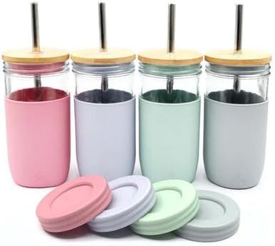 Elk and Friends 24oz Glass Mason Jar – Pack of 4 | Bamboo Straw Lids + Stainless Steel Straws | Smoothie + Iced Coffee +