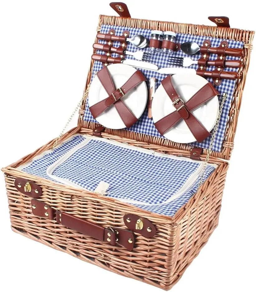 Handmade wicker picnic basket set for four people with cooler compartment